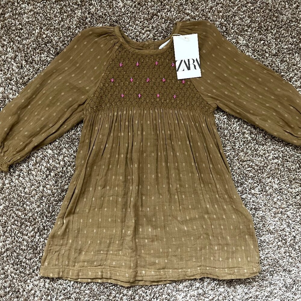 NEW ZARA Kids - Girls Olive Green Embroidered Dress - Size 5T